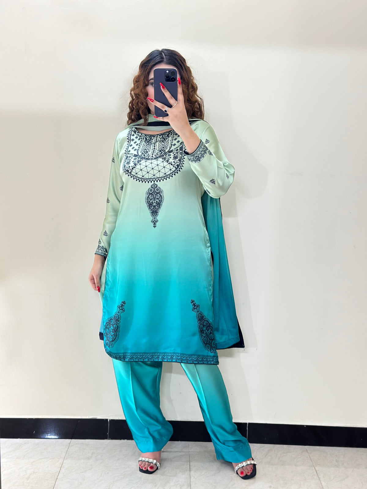 Model wearing an aqua-to-teal ombre kurta with matching trousers – digital printed silk 3-piece suit