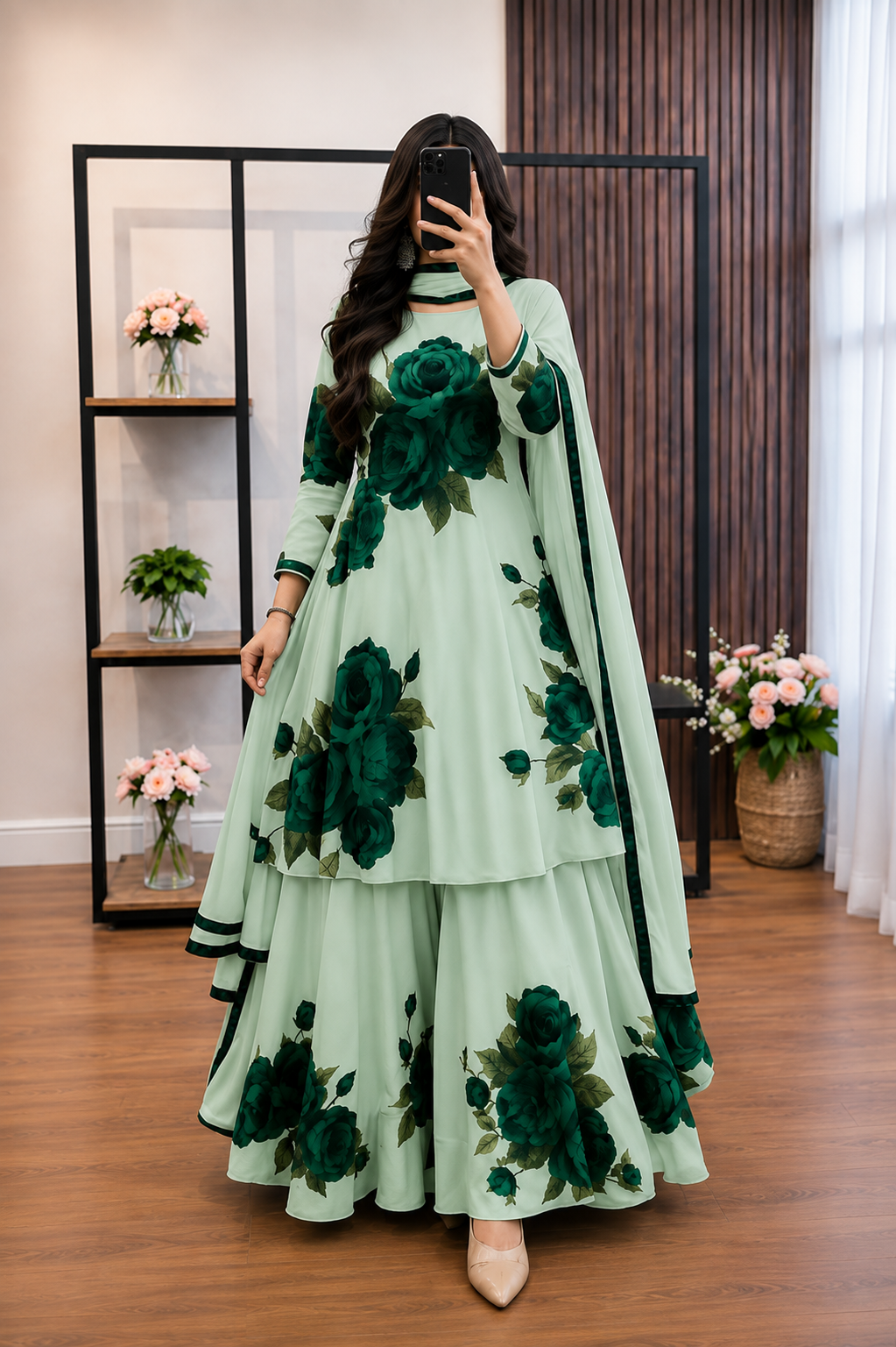 Model wearing a mint green flared set with dark green roses – digital printed silk 3-piece suit