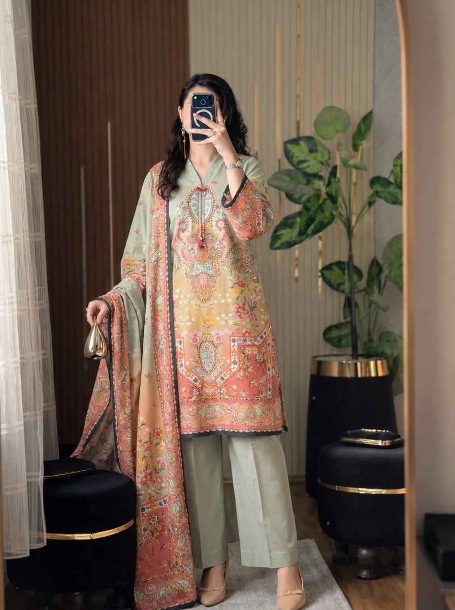 Pistachio sage green poly lawn 3 piece printed suit with dupatta