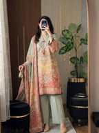 Pistachio sage green poly lawn 3 piece printed suit with dupatta