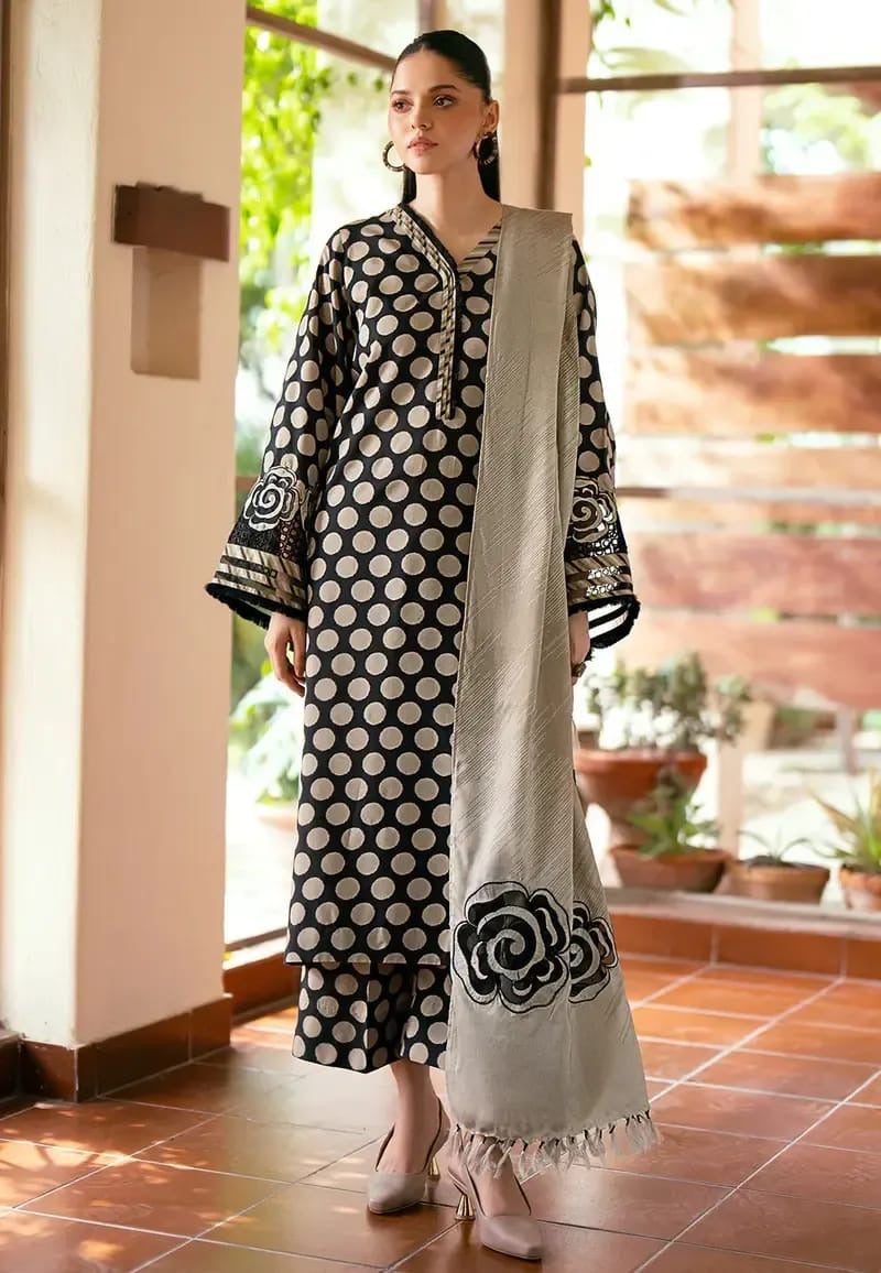 Model wearing a black and white polka-dot suit with a grey dupatta – digital printed silk 3-piece suit