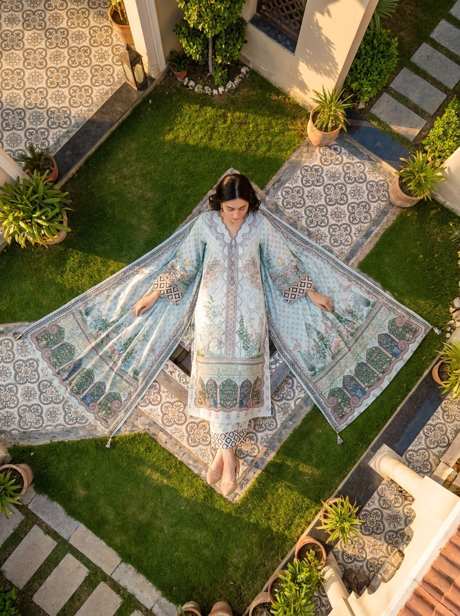 Shalimar - Mint Poly Lawn 3 Piece Printed Suit