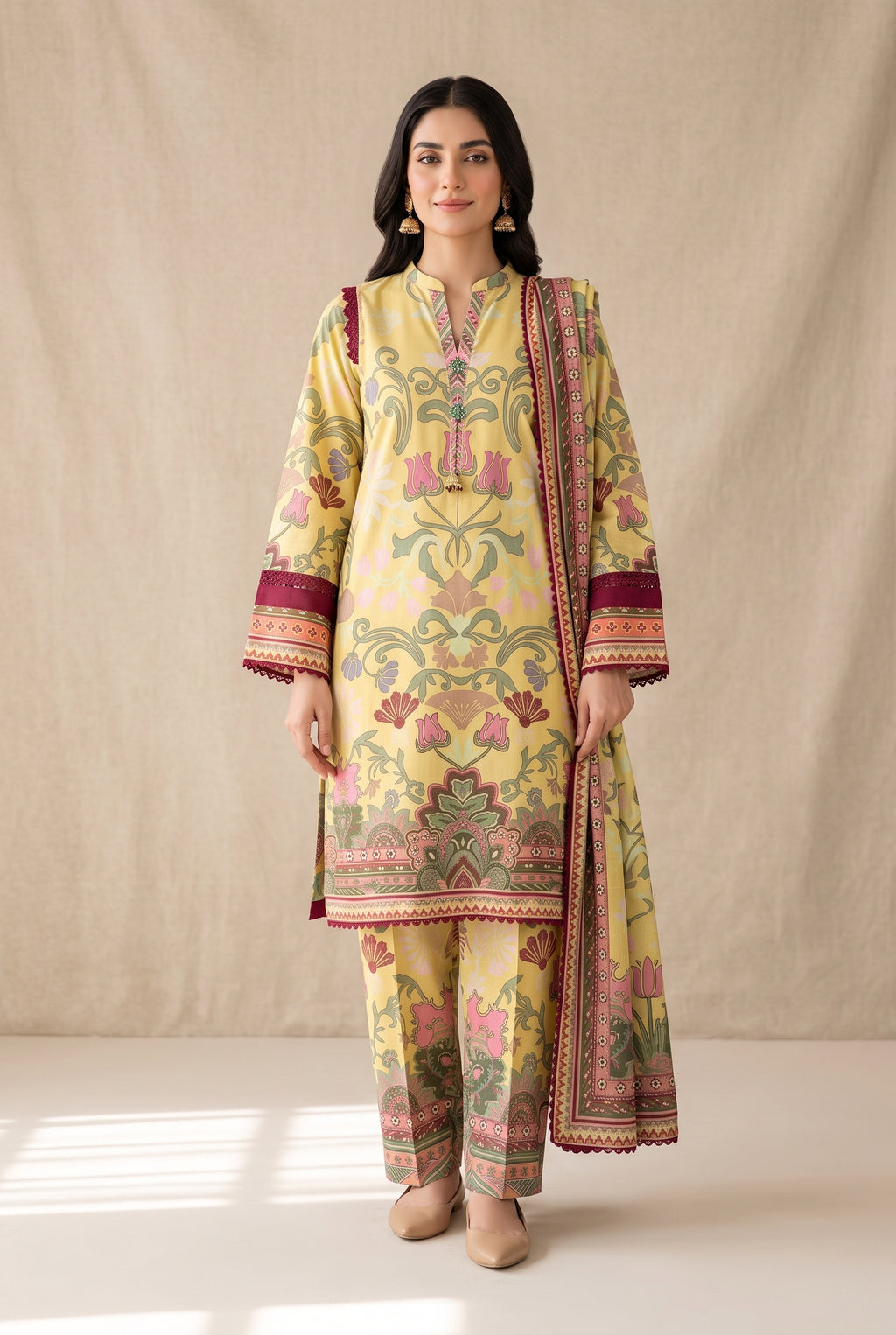 Basant - Yellow Poly Lawn 3 Piece Printed Suit