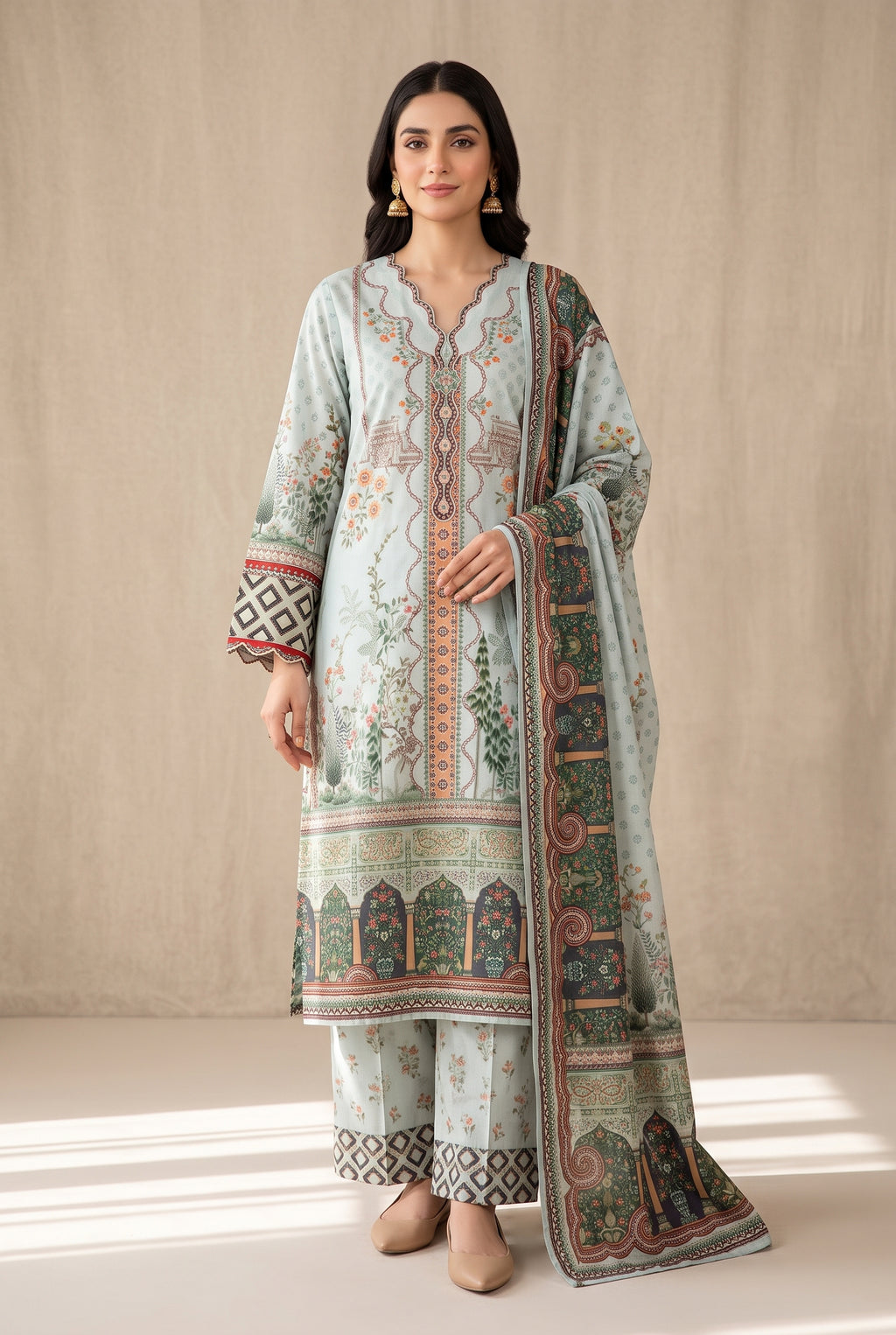 Shalimar - Mint Poly Lawn 3 Piece Printed Suit