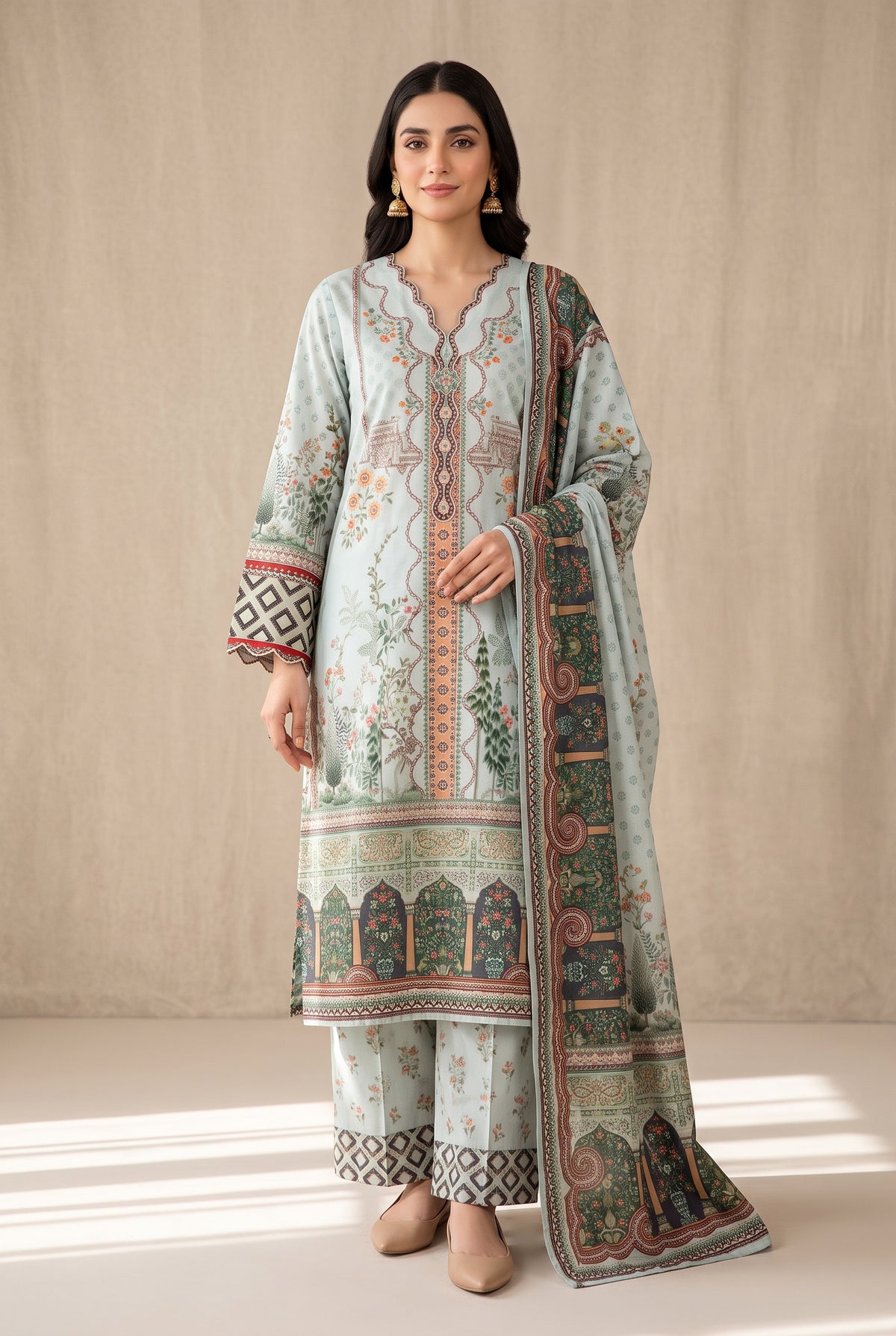 Shalimar - Mint Poly Lawn 3 Piece Printed Suit