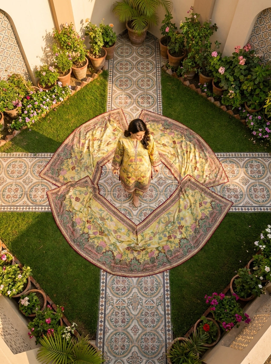 Basant - Yellow Poly Lawn 3 Piece Printed Suit