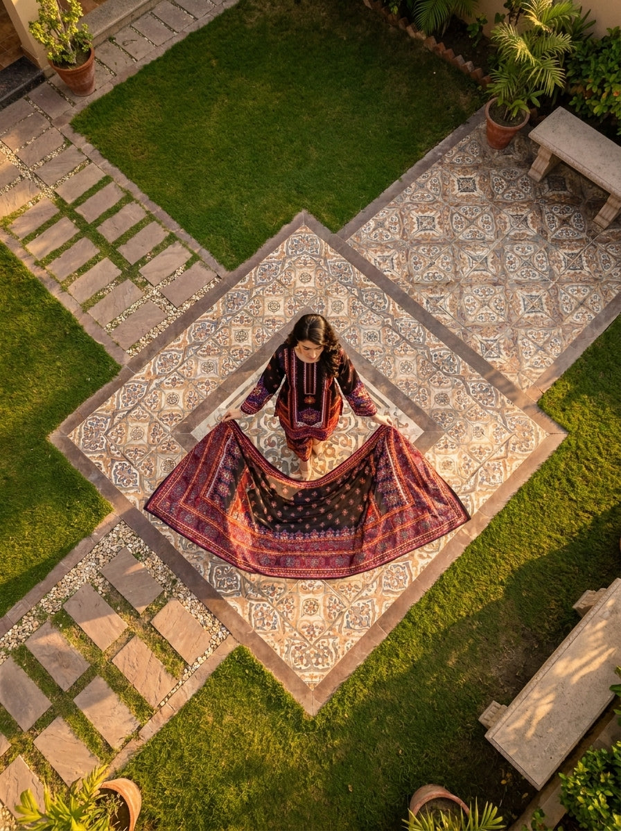 Qaleen - Black Maroon Digital Printed Silk 3 Piece Suit