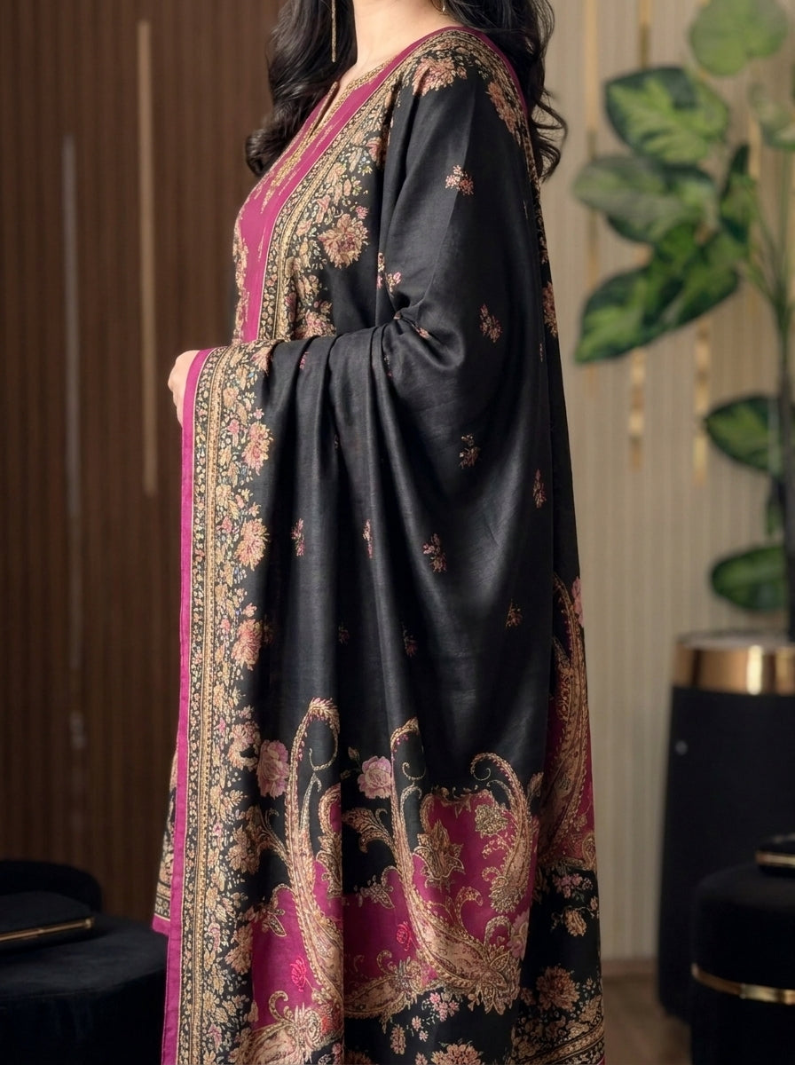 Qaleen - Black Maroon Digital Printed Silk 3 Piece Suit