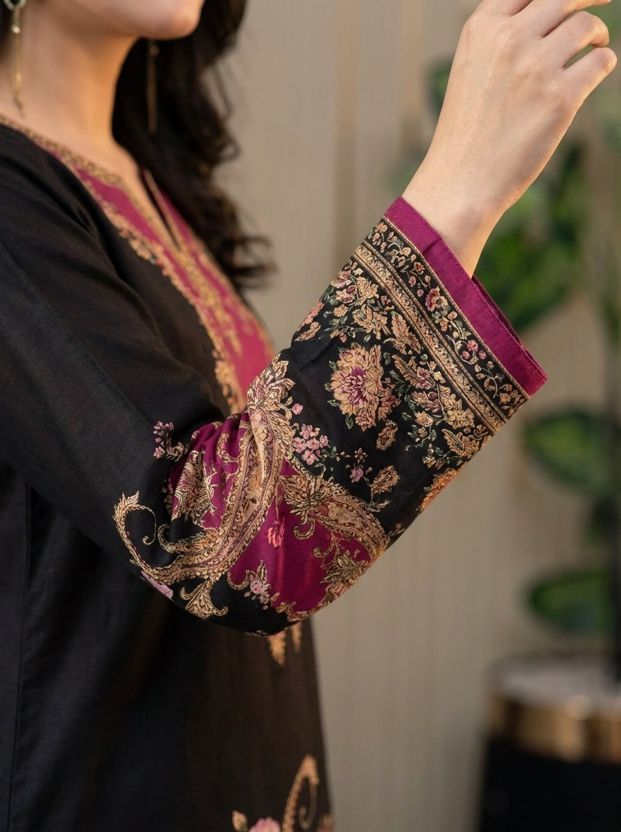 Qaleen - Black Maroon Digital Printed Silk 3 Piece Suit
