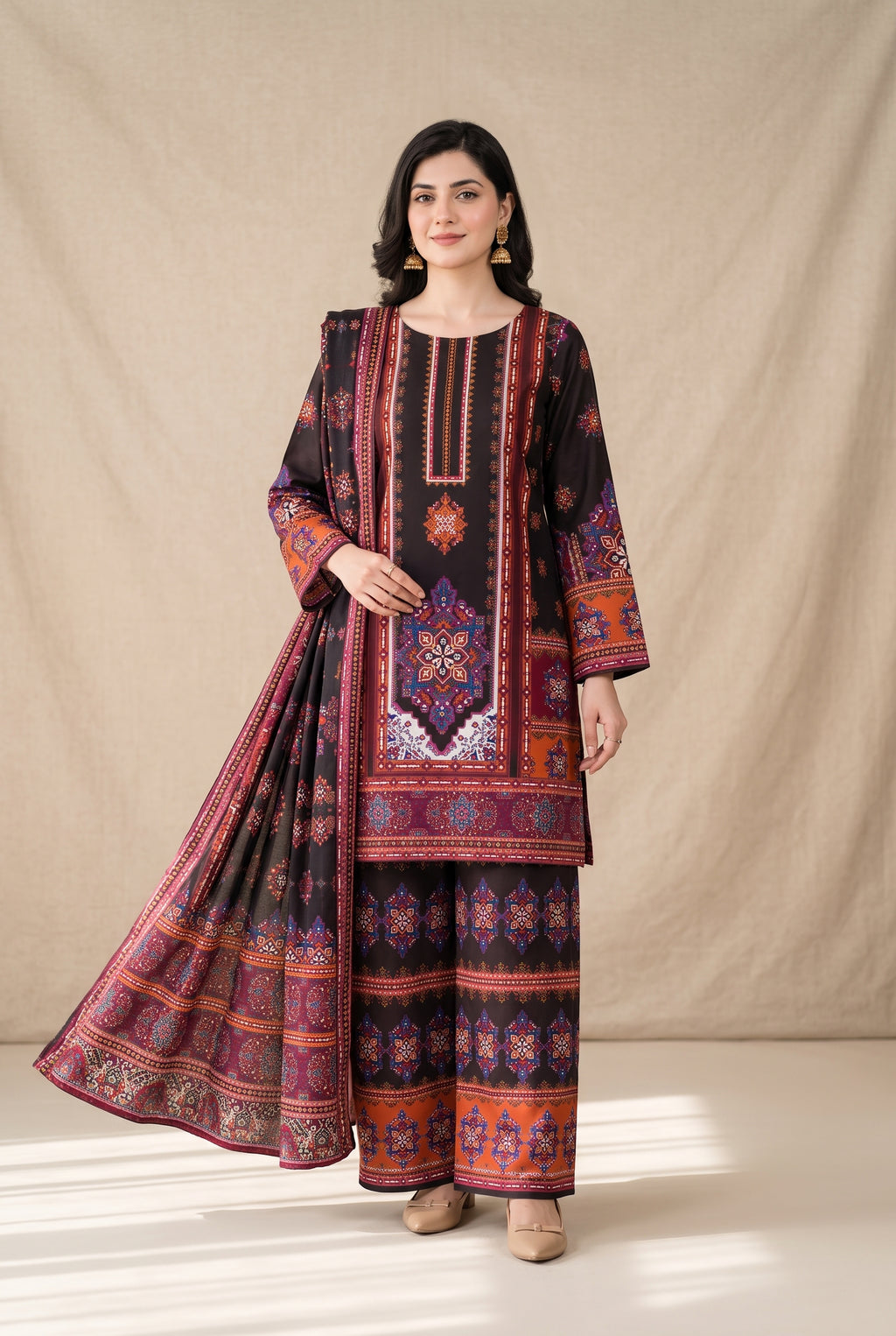 Qaleen - Black Maroon Digital Printed Silk 3 Piece Suit