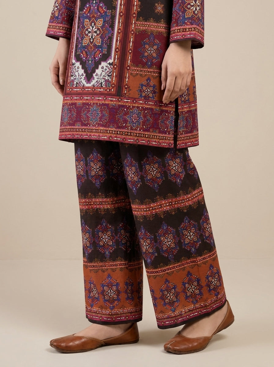 Qaleen - Black Maroon Digital Printed Silk 3 Piece Suit