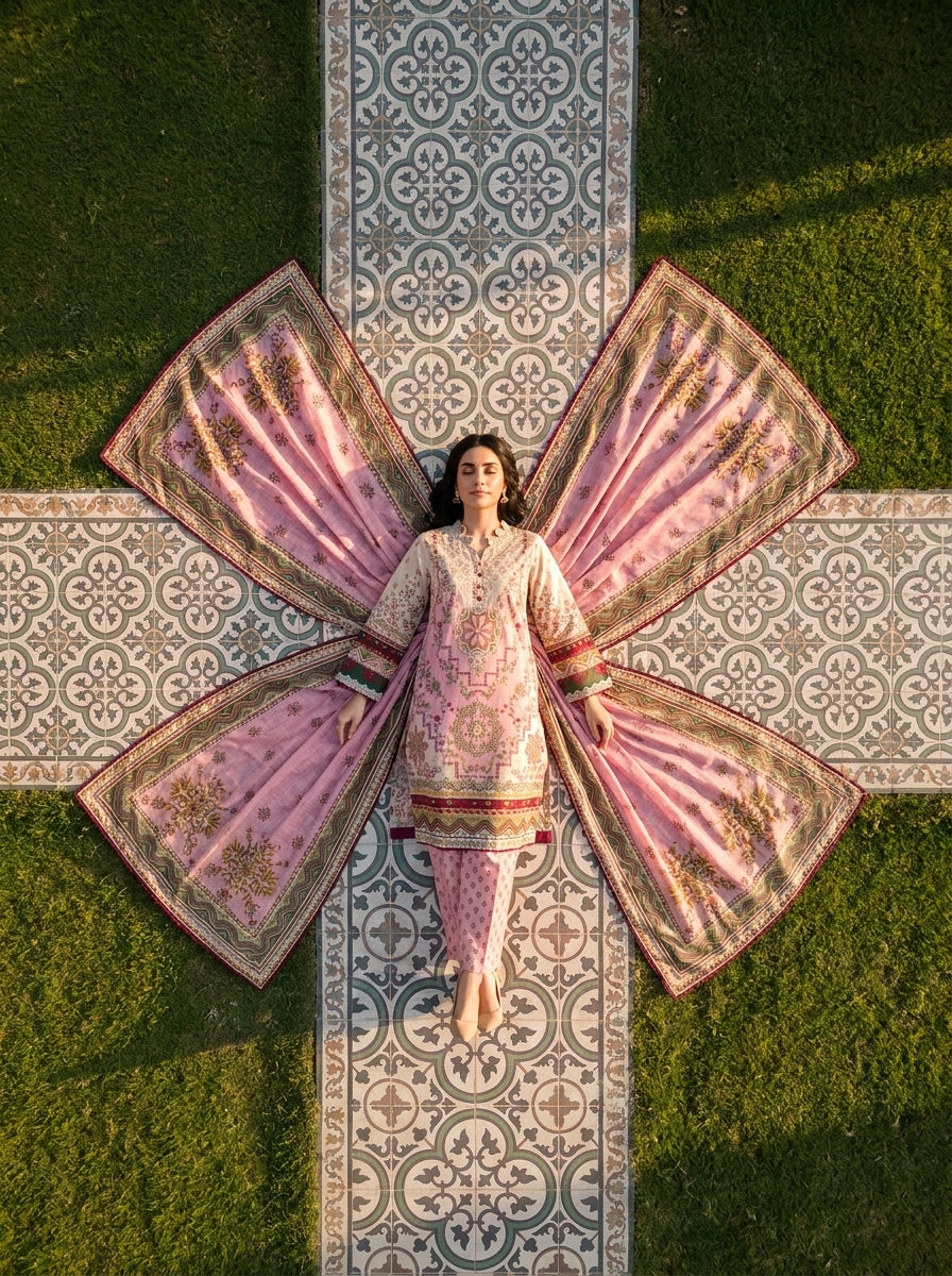 Mahnoor - Pink Poly Lawn 3 Piece Printed Suit