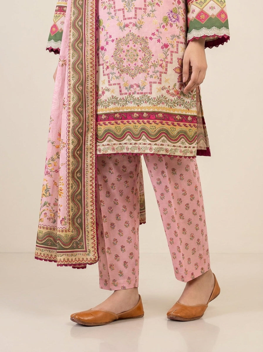 Mahnoor - Pink Poly Lawn 3 Piece Printed Suit
