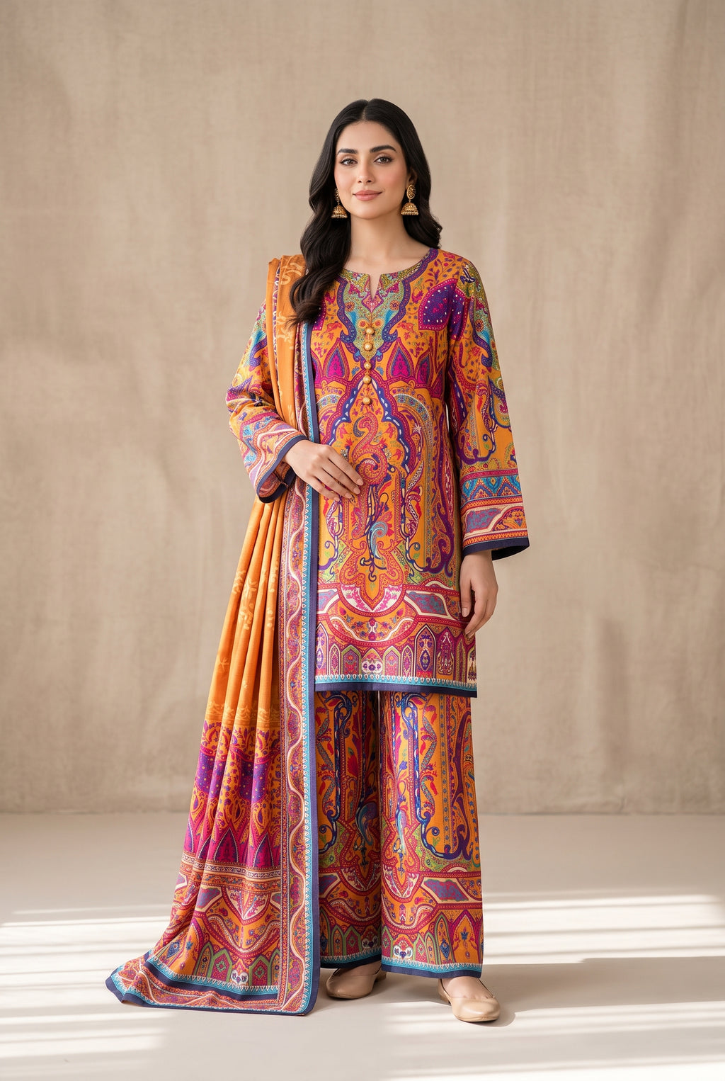 Rang Mahal - Mustard Poly Lawn 3 Piece Printed Suit
