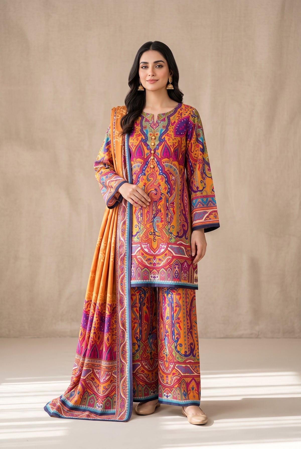 Rang Mahal - Mustard Poly Lawn 3 Piece Printed Suit