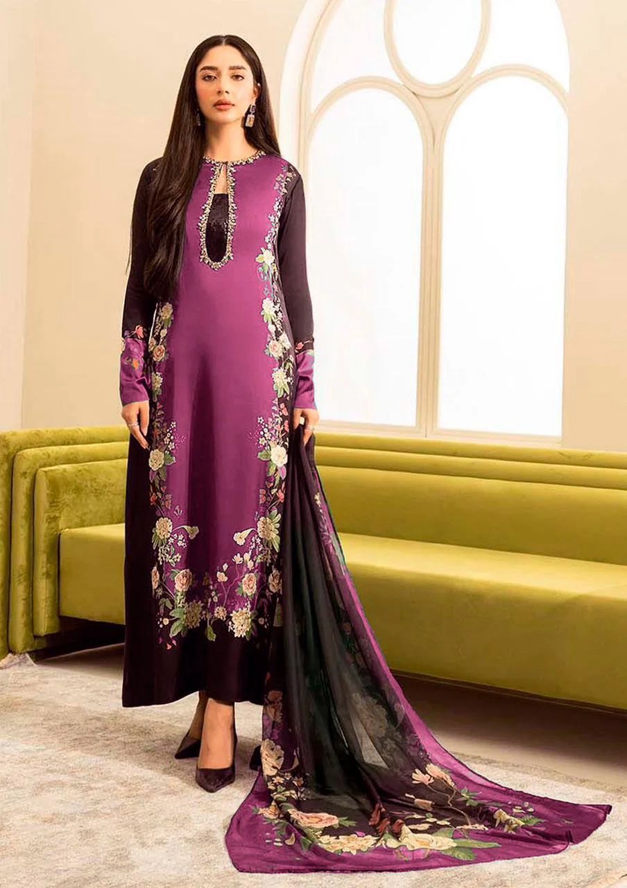 Model wearing a magenta kurta with a floral panel and dark dupatta – digital printed silk 3-piece suit