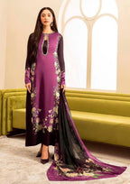 Model wearing a magenta kurta with a floral panel and dark dupatta – digital printed silk 3-piece suit