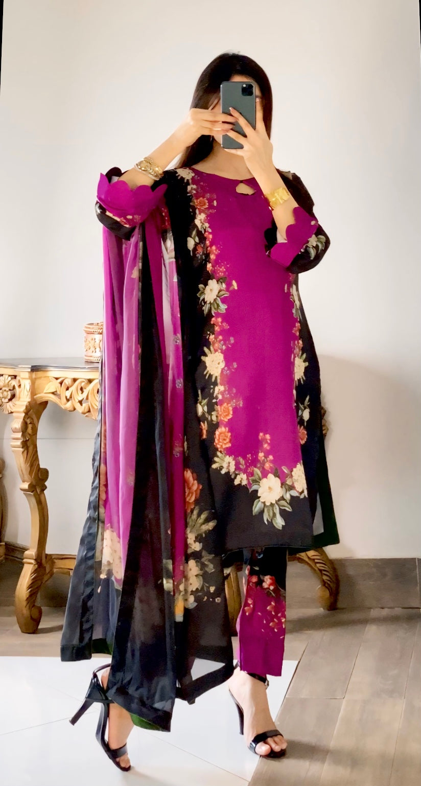 Model wearing a magenta kurta with a dark floral dupatta – digital printed silk 3-piece suit