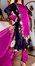 Purple Black digital printed silk 3-piece suit, image 2 of 5