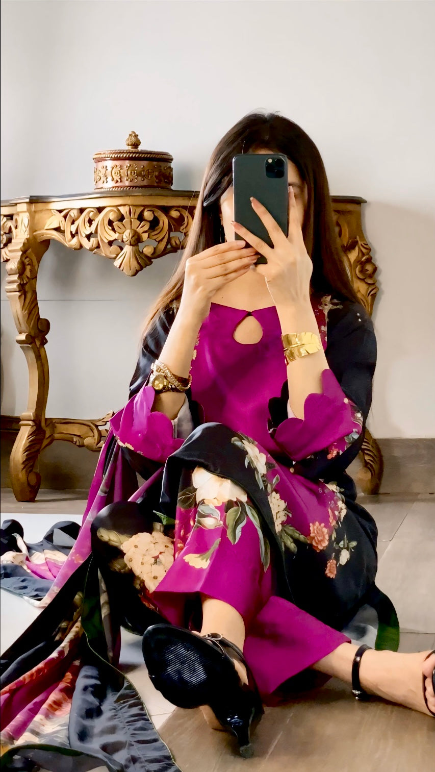 Purple Black digital printed silk 3-piece suit, image 4 of 5