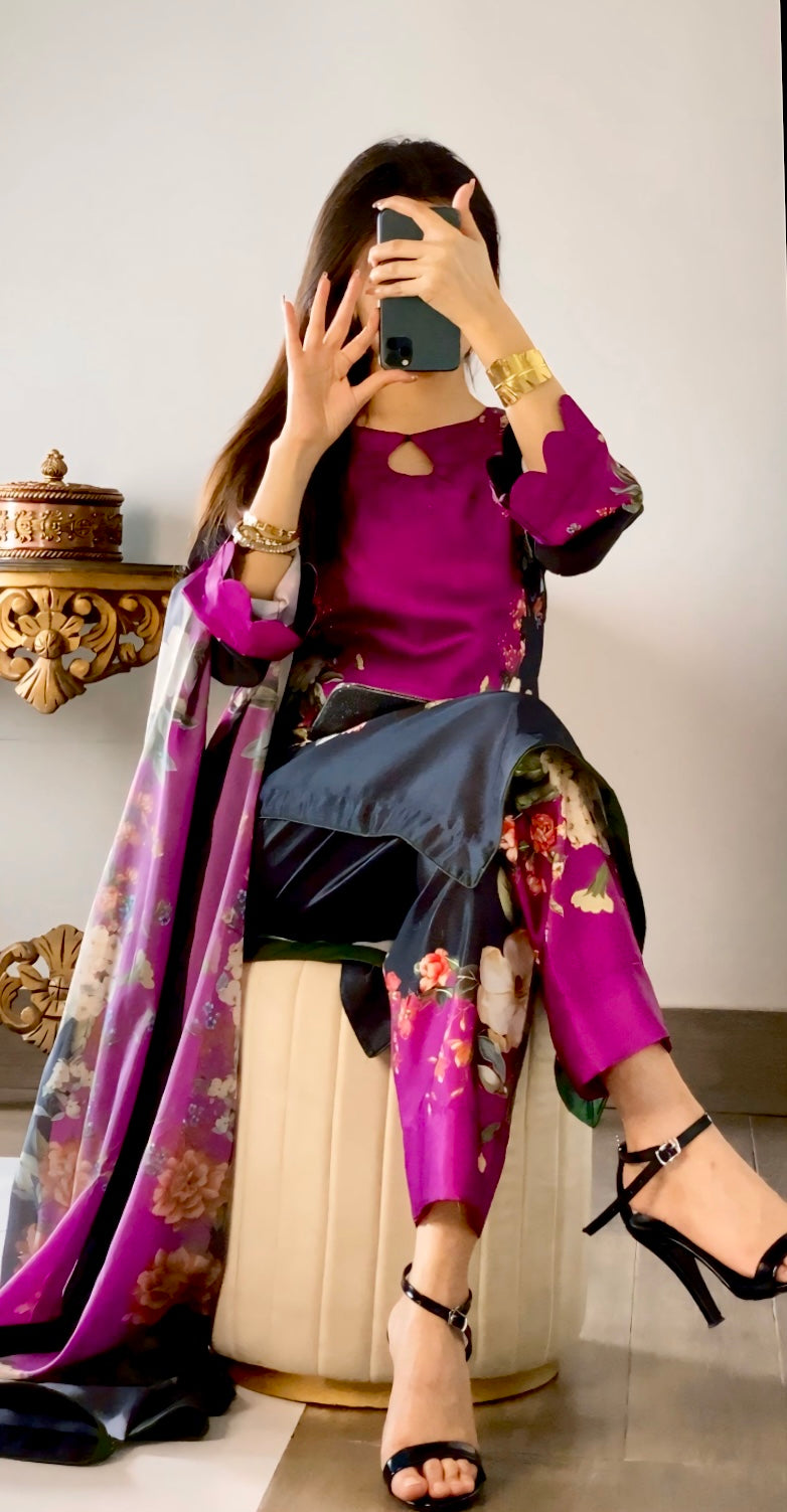 Purple Black digital printed silk 3-piece suit, image 5 of 5