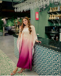 Model wearing a cream-to-magenta ombre kurta with a shaded dupatta – digital printed silk 3-piece suit