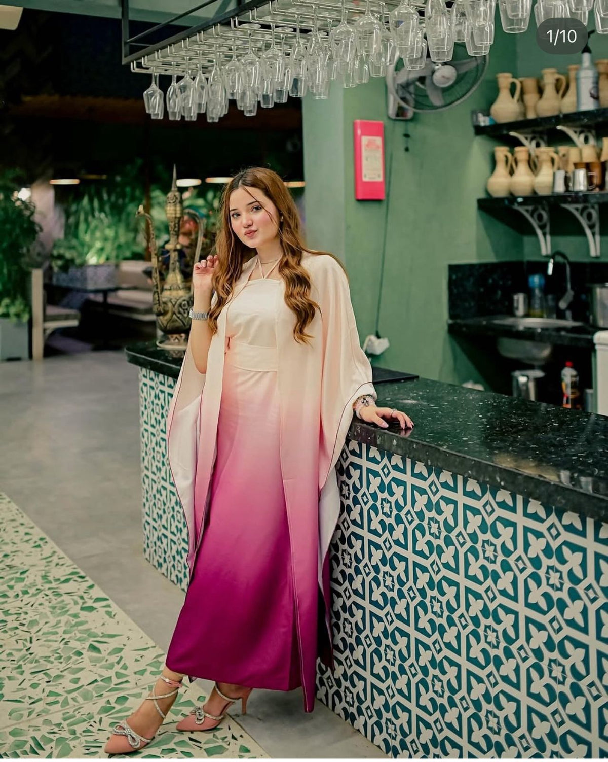 Model wearing a cream-to-magenta ombre kurta with a shaded dupatta – digital printed silk 3-piece suit