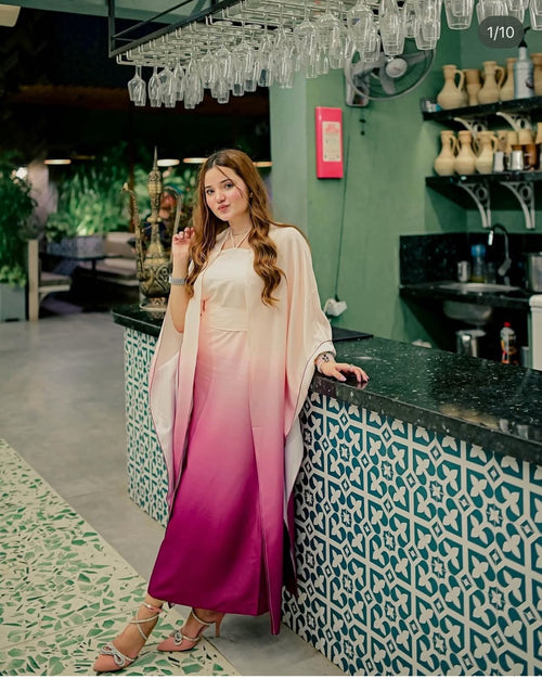 Model wearing a cream-to-magenta ombre kurta with a shaded dupatta – digital printed silk 3-piece suit