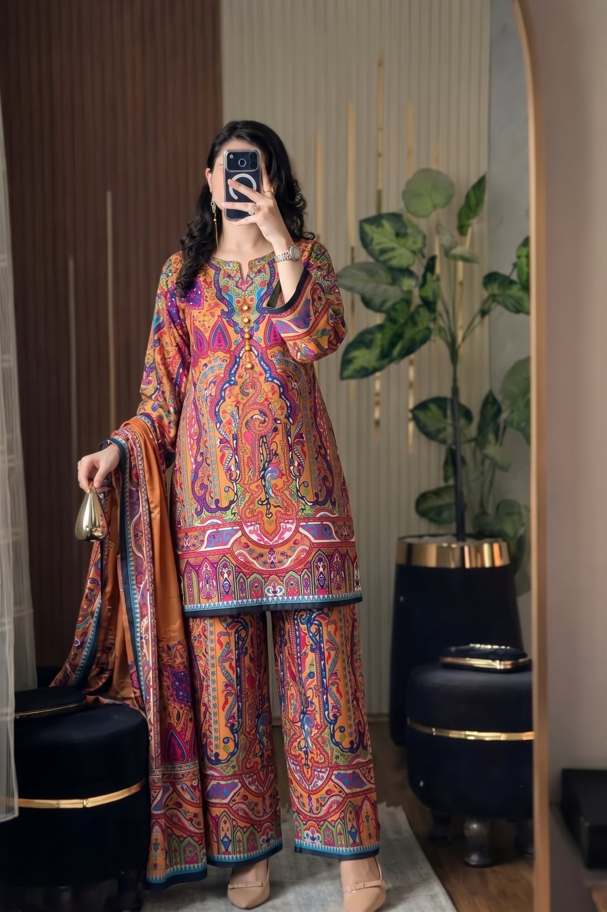 Rang Mahal mustard poly lawn 3 piece printed suit with dupatta