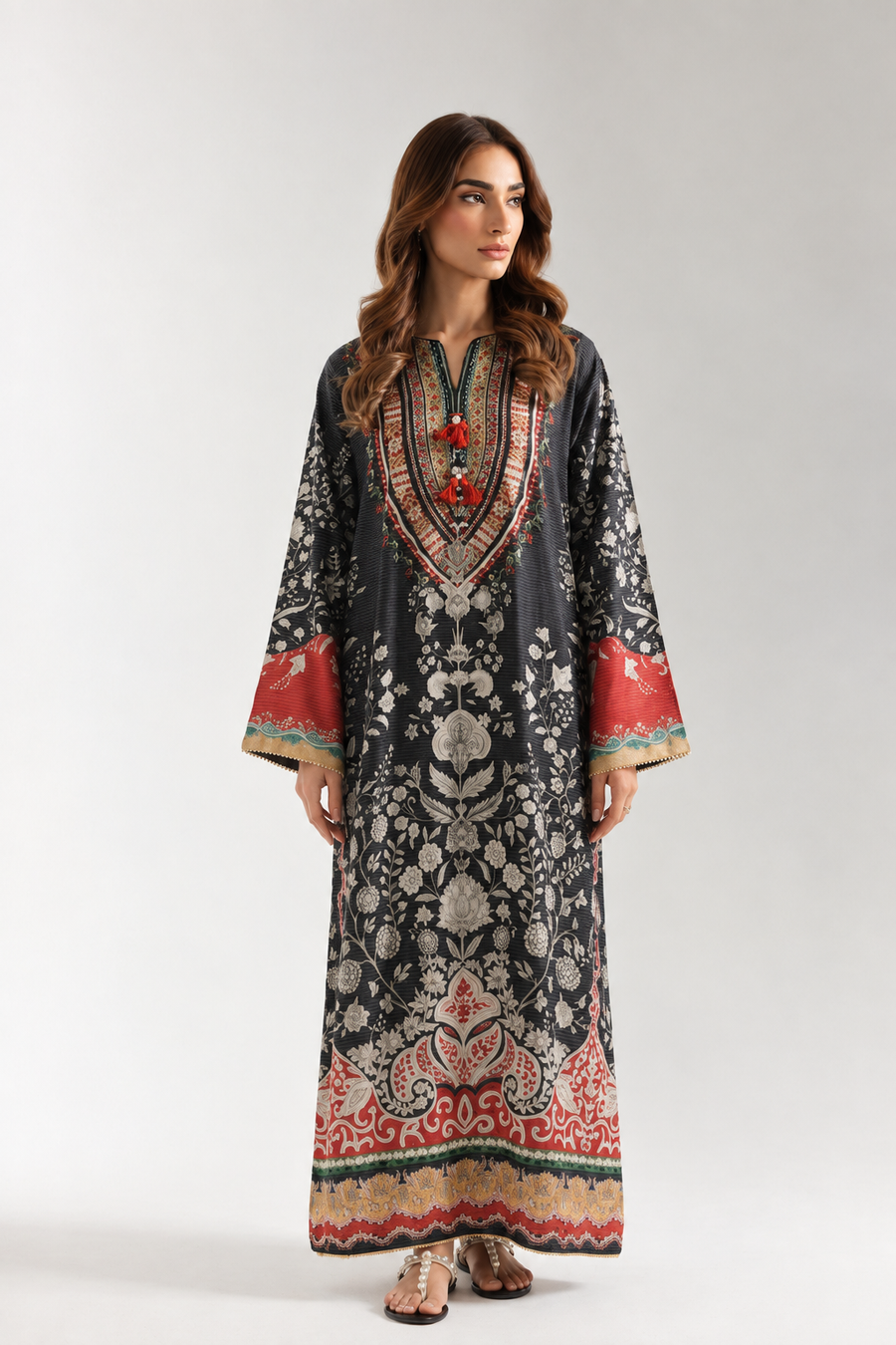 Shab-e-Noor - Black Floral Paisley Printed Silk Long Kaftan