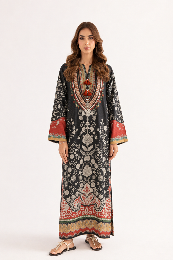 Shab-e-Noor - Black Floral Paisley Printed Silk Long Kaftan