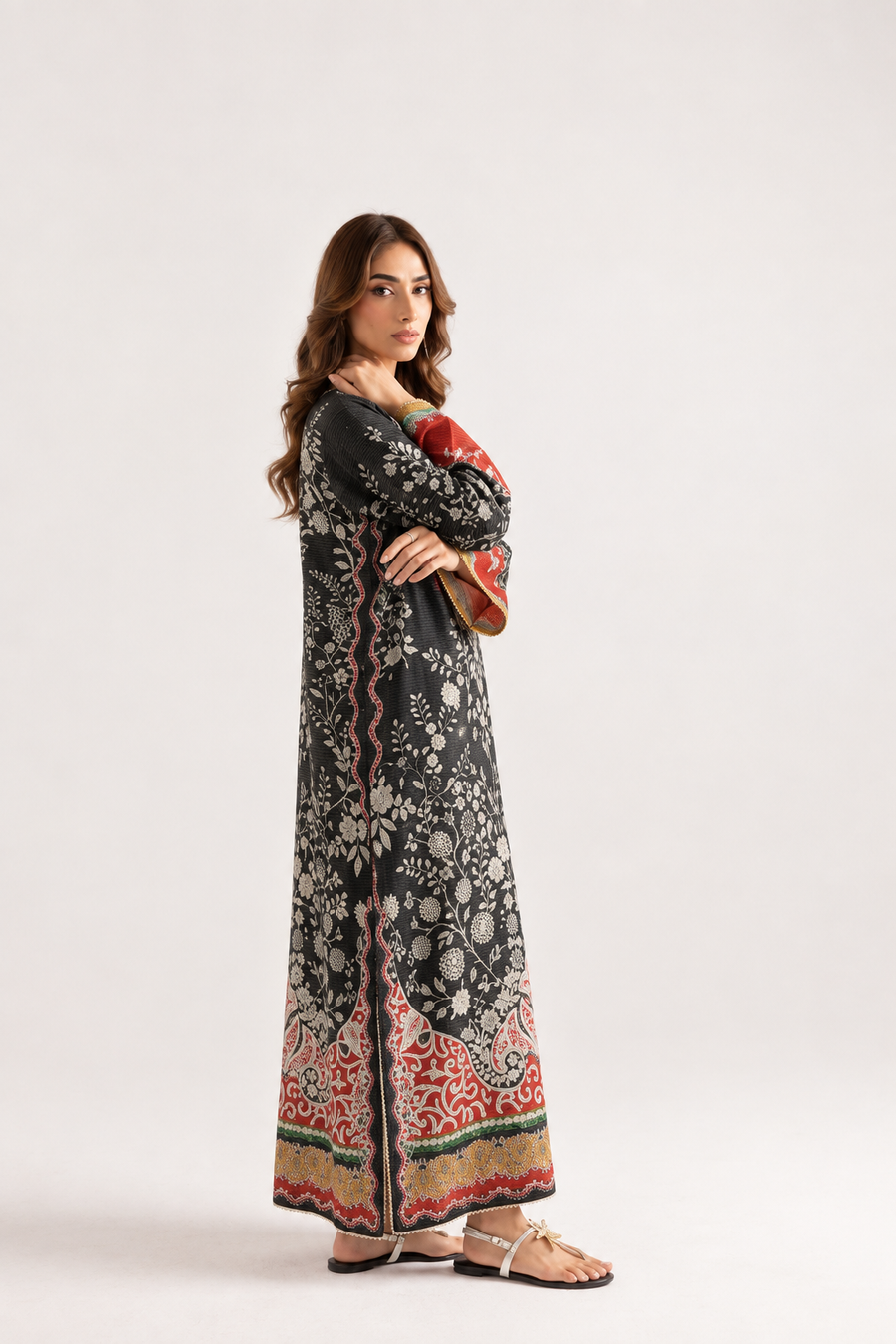 Shab-e-Noor - Black Floral Paisley Printed Silk Long Kaftan