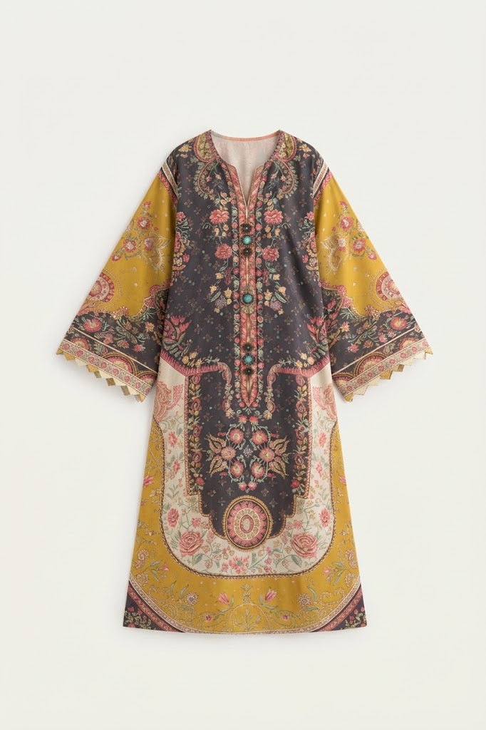 Sunehri - Black & Yellow Floral Paisley Printed Silk Long Kaftan