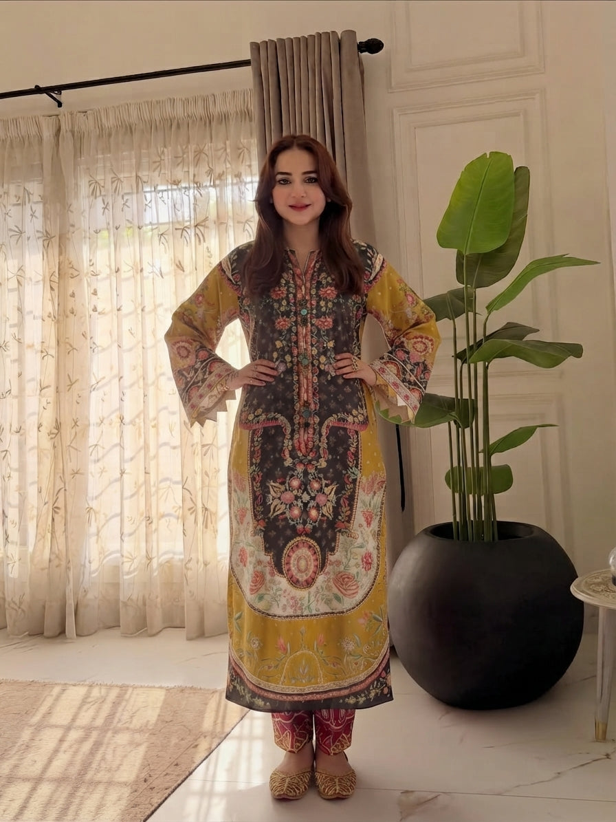 Sunehri - Black & Yellow Floral Paisley Printed Silk Long Kaftan