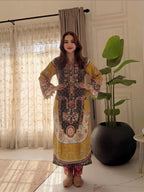 Sunehri - Black & Yellow Floral Paisley Printed Silk Long Kaftan