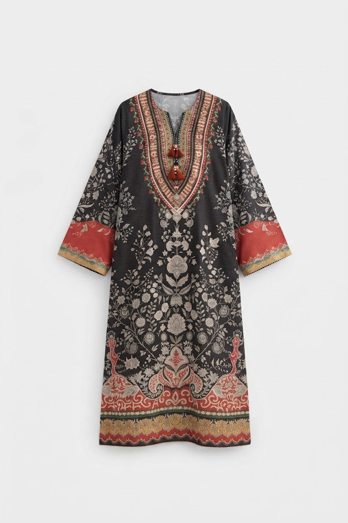 Shab-e-Noor - Black Floral Paisley Printed Silk Long Kaftan