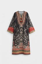 Shab-e-Noor - Black Floral Paisley Printed Silk Long Kaftan