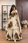Model wearing a beige flared set with brown roses – digital printed silk 3-piece suit