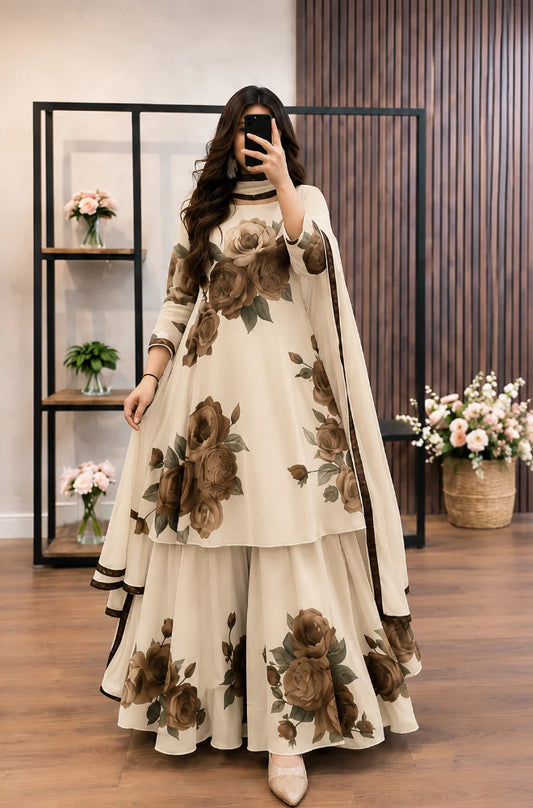 Model wearing a beige flared set with brown roses – digital printed silk 3-piece suit