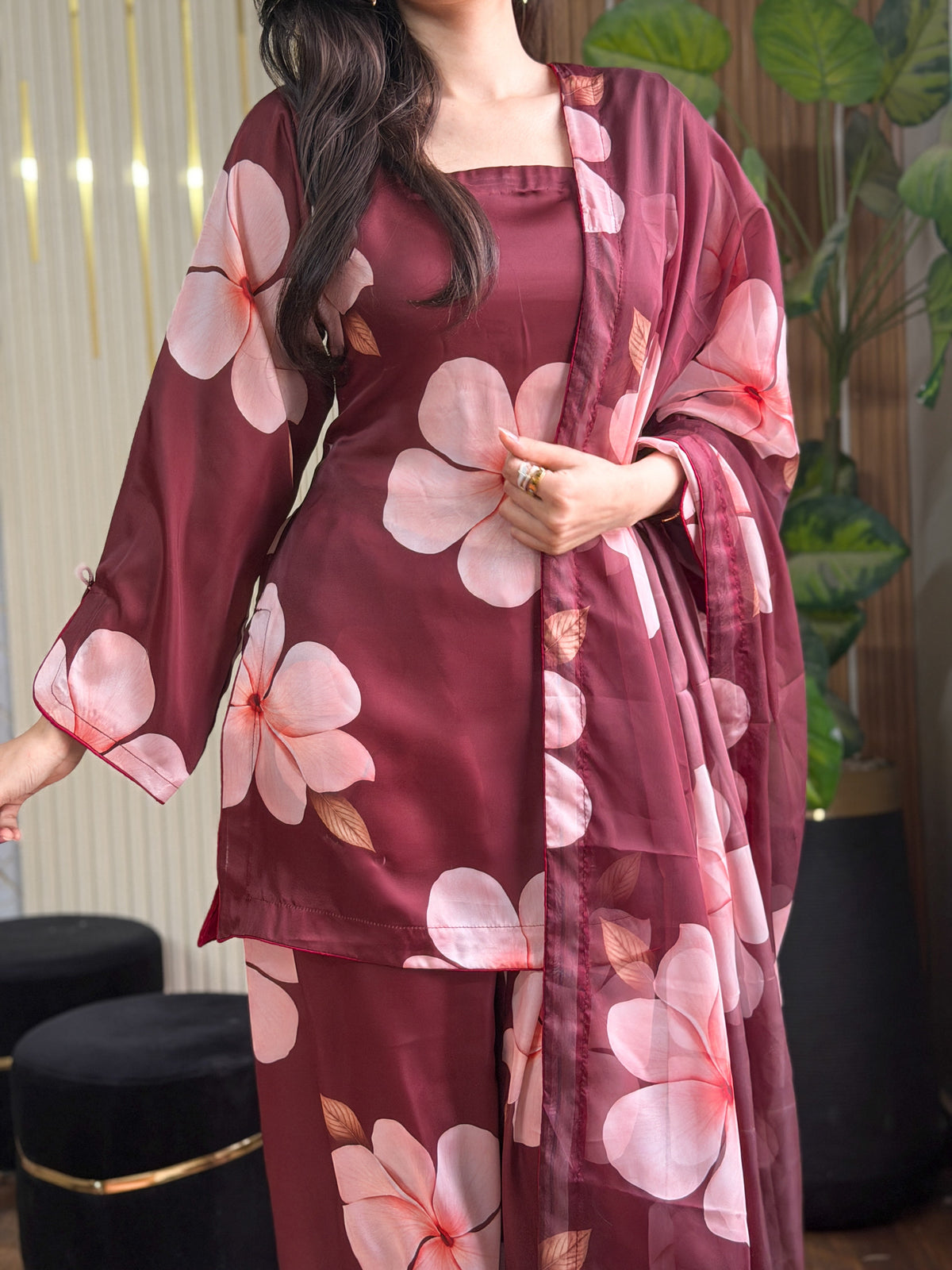 Model wearing a maroon suit with large pink flowers – digital printed silk 3-piece suit