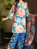 Model wearing a blue and pink peony print suit with dupatta – digital printed silk 3-piece suit