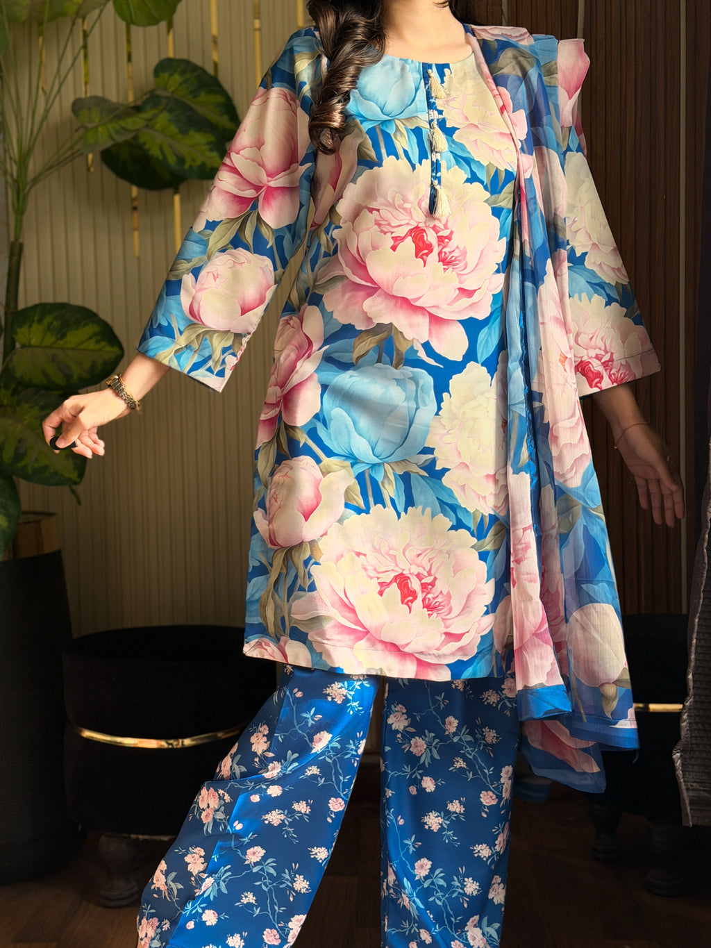 Royal Bloom Co-ord Set digital printed silk 3-piece suit, image 3 of 4