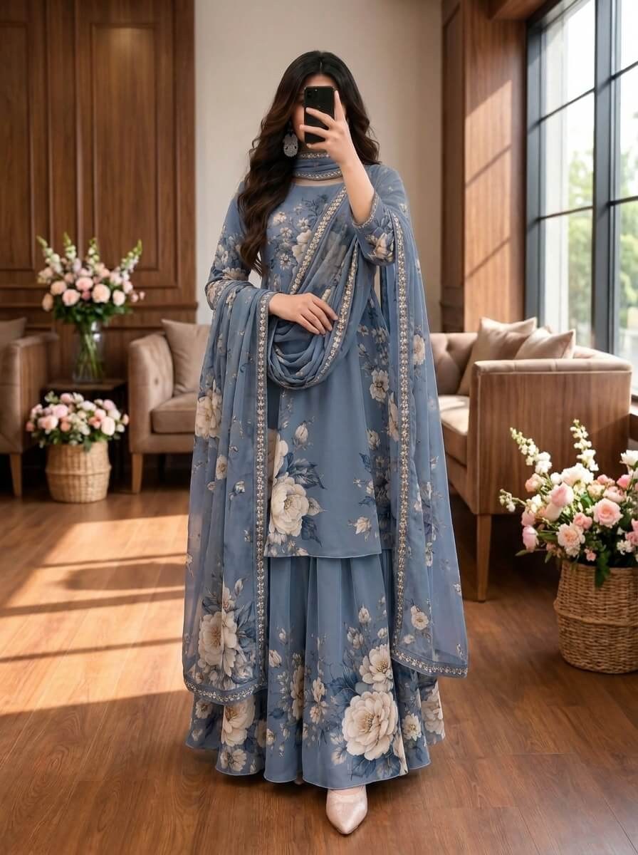 Sabeen - Steel Blue & Ivory Floral Digital Printed Silk 3 Piece Frock