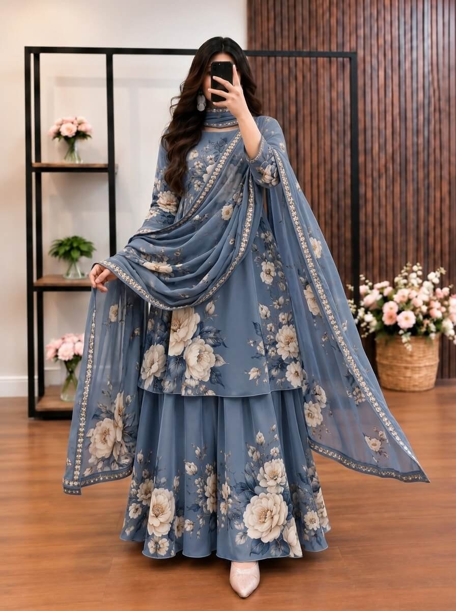 Sabeen - Steel Blue & Ivory Floral Digital Printed Silk 3 Piece Frock