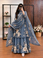 Sabeen - Steel Blue & Ivory Floral Digital Printed Silk 3 Piece Frock