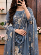 Sabeen - Steel Blue & Ivory Floral Digital Printed Silk 3 Piece Frock