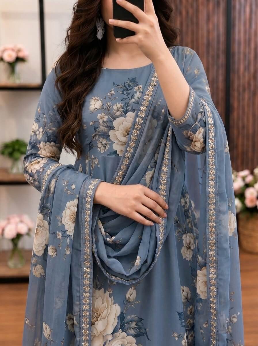 Sabeen - Steel Blue & Ivory Floral Digital Printed Silk 3 Piece Frock
