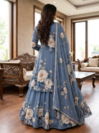 Sabeen - Steel Blue & Ivory Floral Digital Printed Silk 3 Piece Frock