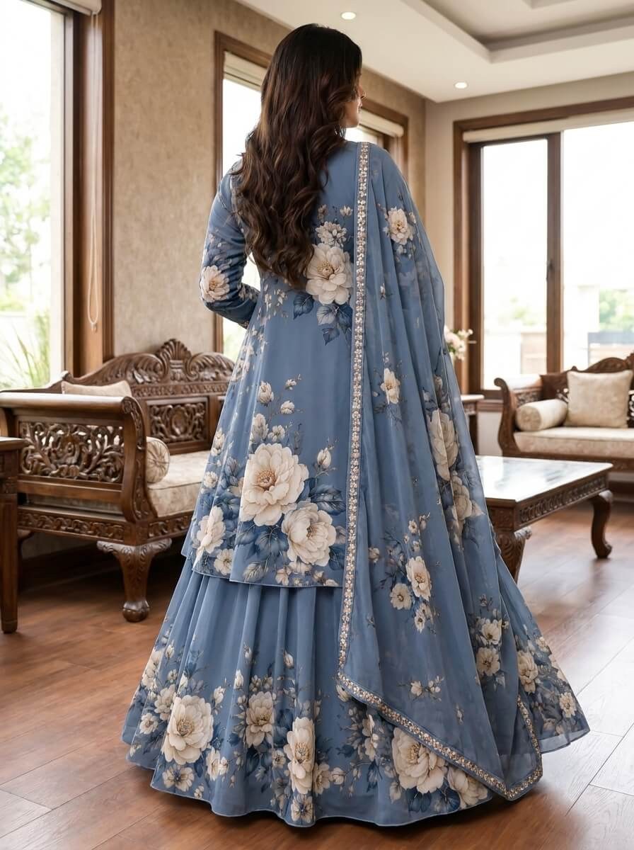 Sabeen - Steel Blue & Ivory Floral Digital Printed Silk 3 Piece Frock