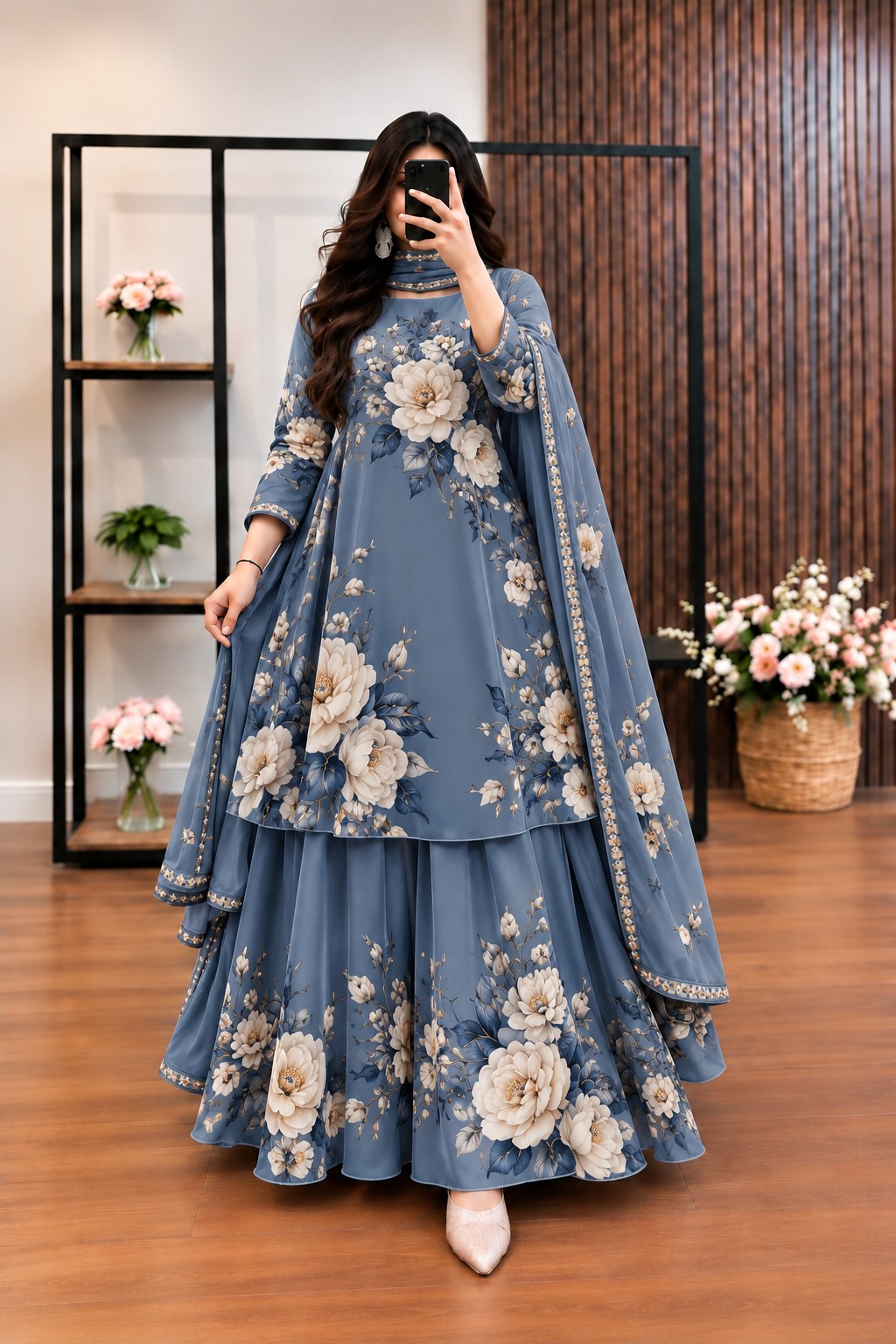 Sabeen - Steel Blue & Ivory Floral Digital Printed Silk 3 Piece Frock